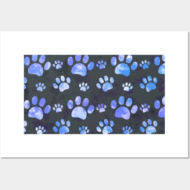 Watercolor blue purple Paw Pattern Black Wall Art by BiscuitSnack